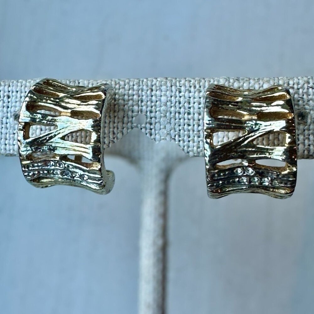 Vintage Earrings Hoop Gold Silver Tone Rhinestones Clip On Fashion Jewelry